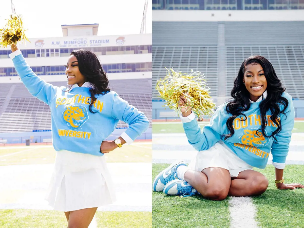 Mariah in her cheerleading costume at A.W. Mumford Stadium in May 2021