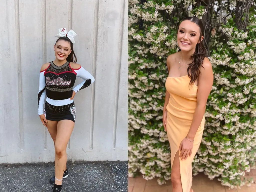 (Left) Ameliah donning East Coast cheerleader costume in November 2020