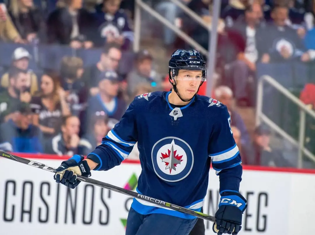 Canadian ice hockey star Luke Green in the Winnipeg Jets kit, February 2021