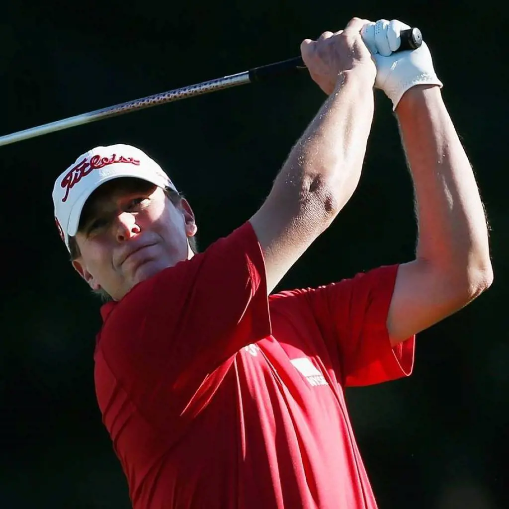 Stricker hitting a shot, he placed first in the 2023 champions tour that took place at Firestone Championship South Course