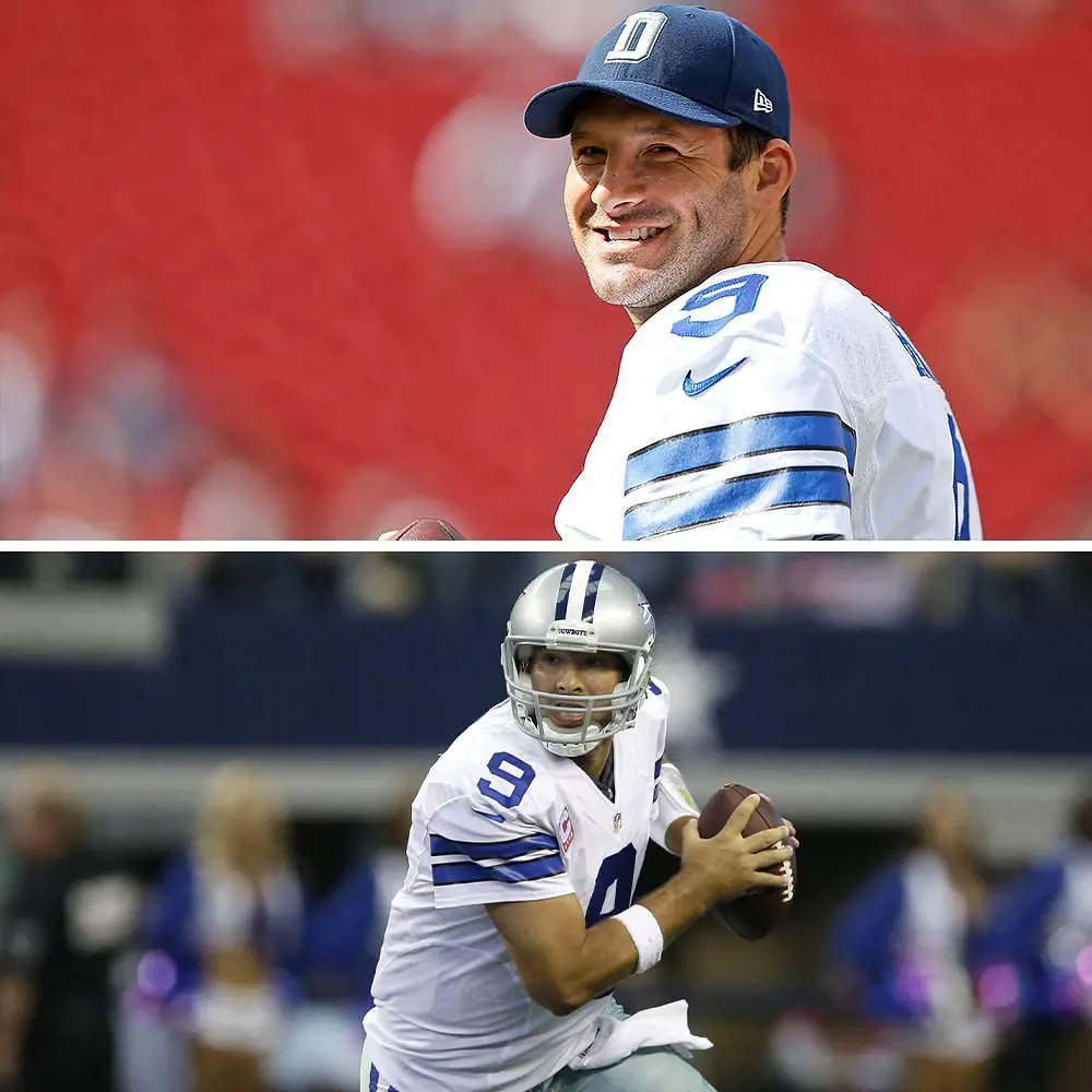 QB Tony Romo donning Dallas Cowboys 9 numbered jersey in April 2023