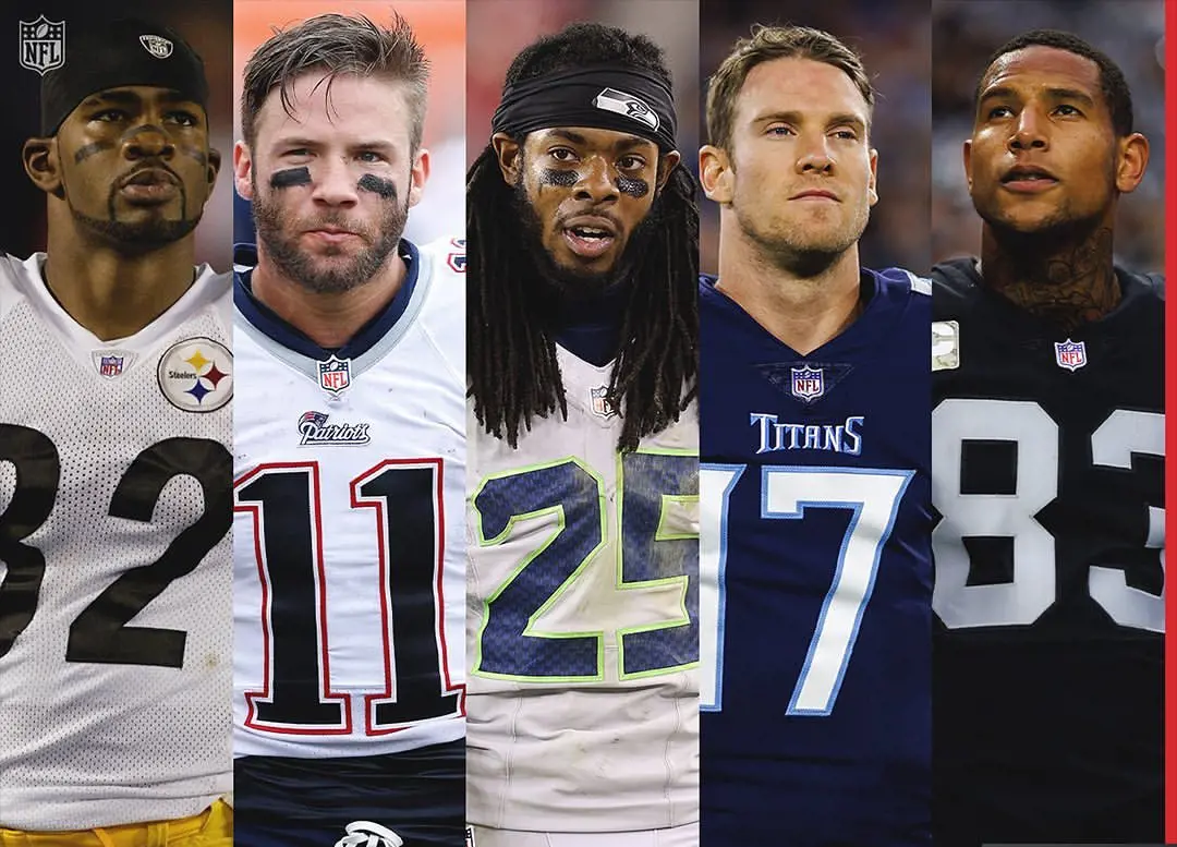 Picture collage of players from the NFL teams of Patriots and Titans