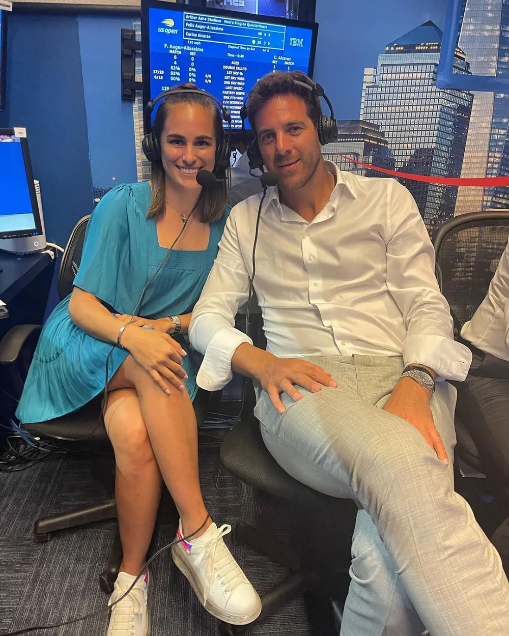 Monia Puig alongside Juan Martín del Potro during a broadcast