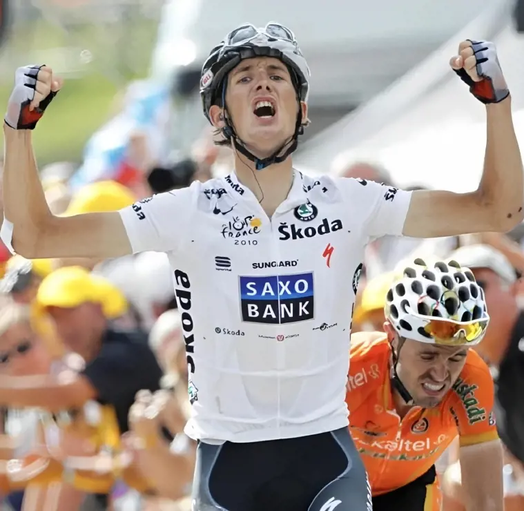 Andy Schleck celebrates after Stage 8 victory in 2010 Tour de France.