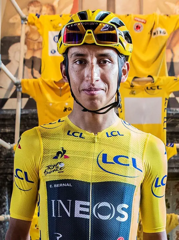 Egan Bernal wears Yellow Jersey after his 2019 Tour de France victory.