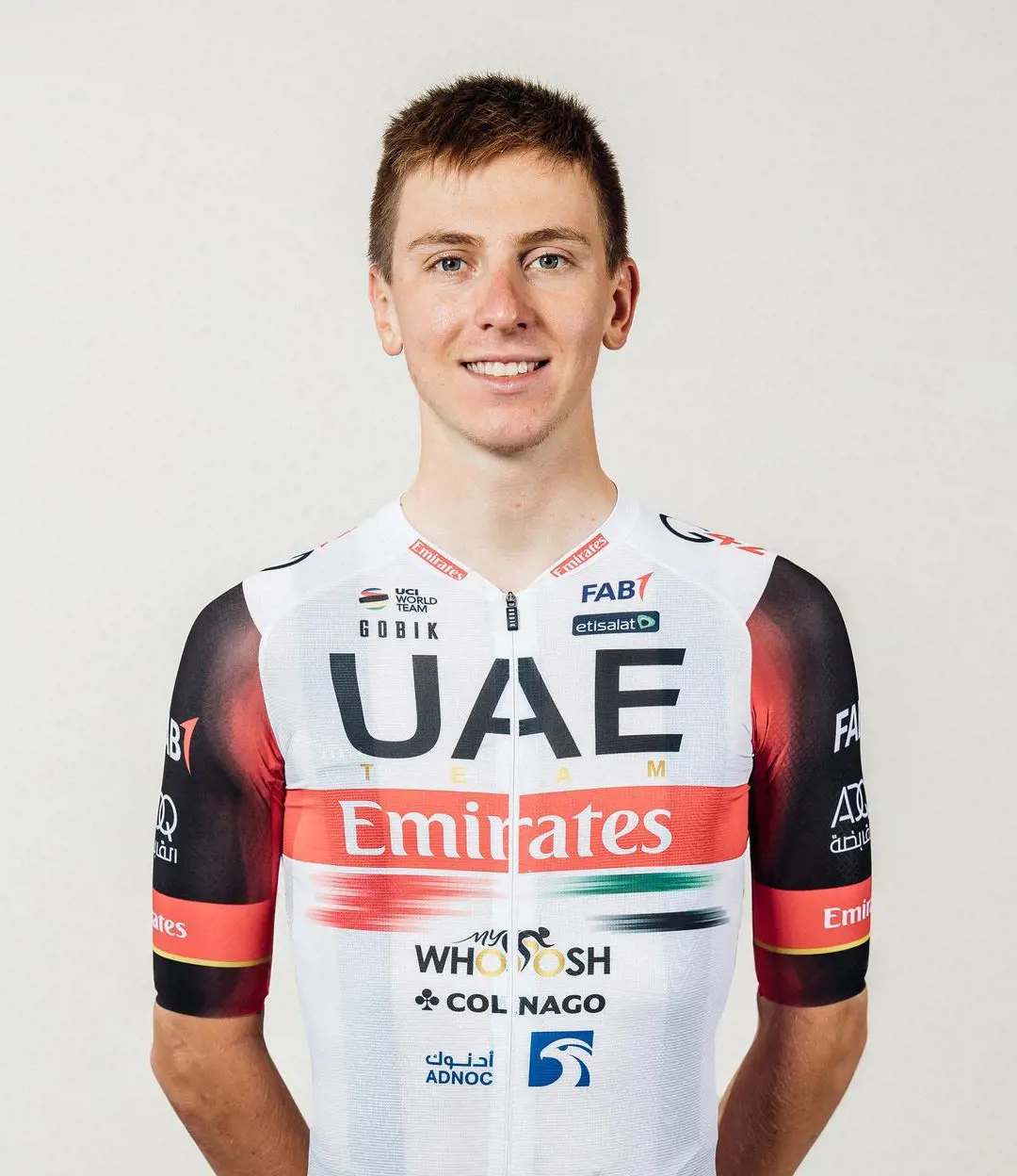 Pogacar wears UAE Team Emirates Jersey.