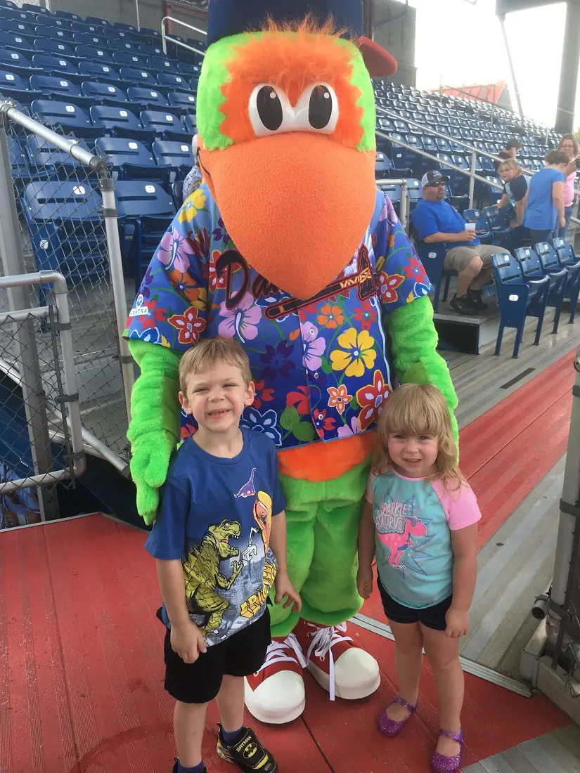 Danville Braves mascot Blooper with their young fans in March 2020