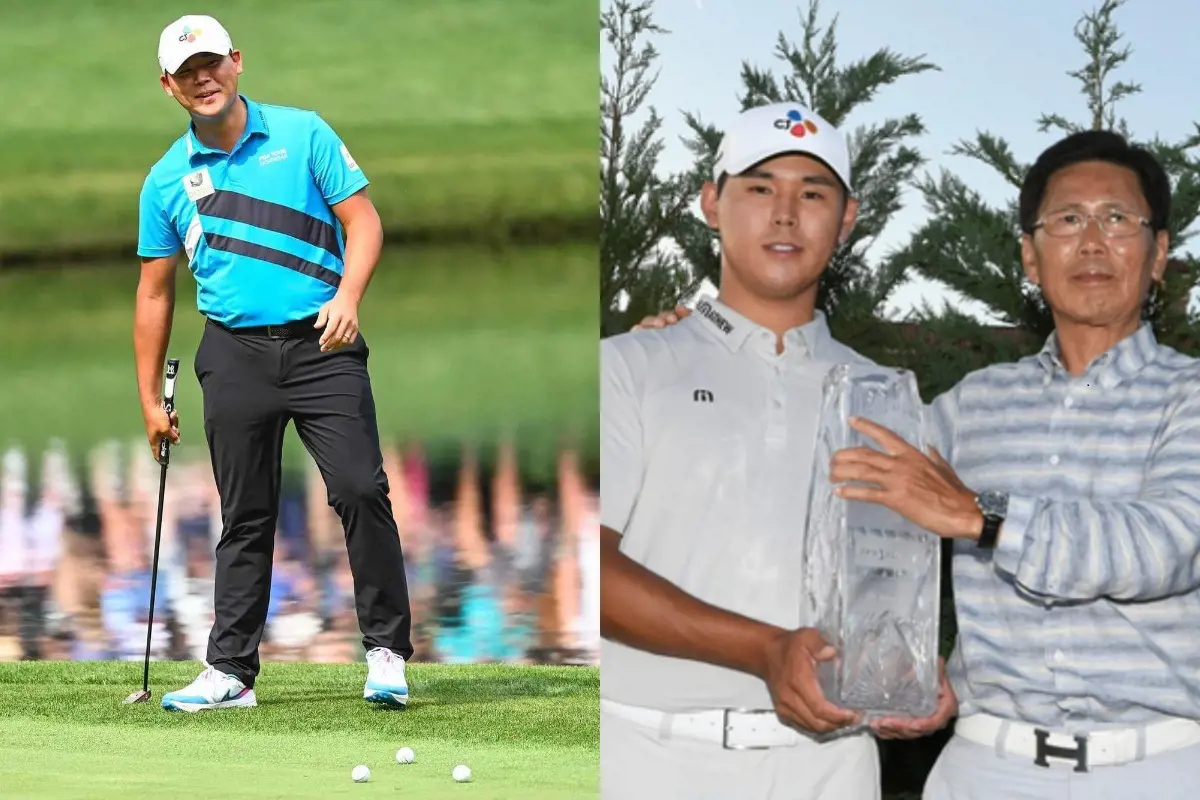 Si Woo holds The Championship trophy with Kim Doo-young at TPC Sawgrass in Ponte Vedra Beach in Florida, May 2017