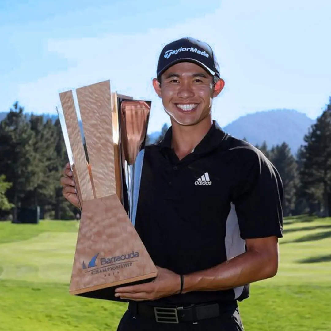 Colin Morikawa lifting the cup of Barracuda Championship in 2019