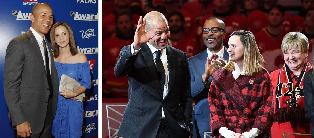 Jarome and Kara (left) at the 2009 NHL Awards. Elvis, Susan, and Kara (right photo) were also present at Jarome's jersey retirement ceremony in 2019.