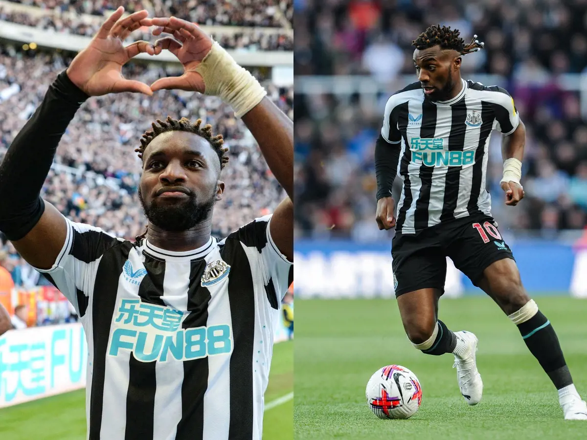 (Left) Allan Irénée Saint-Maximin making a heart sign after a win in Premier League in April 2, 2023