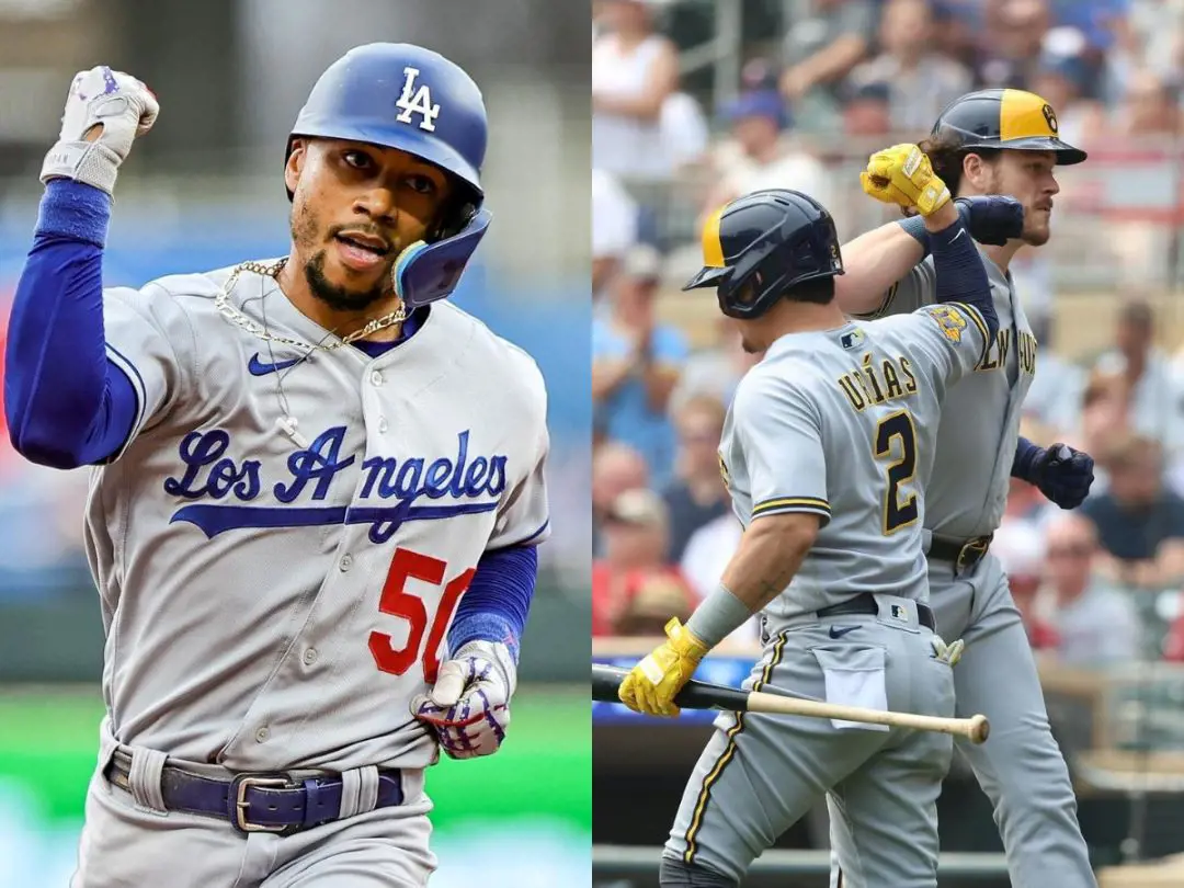 Dodgers (left) player Mookie celebrating at Kauffman Stadium and Brewers players celebrating after a partnership run.