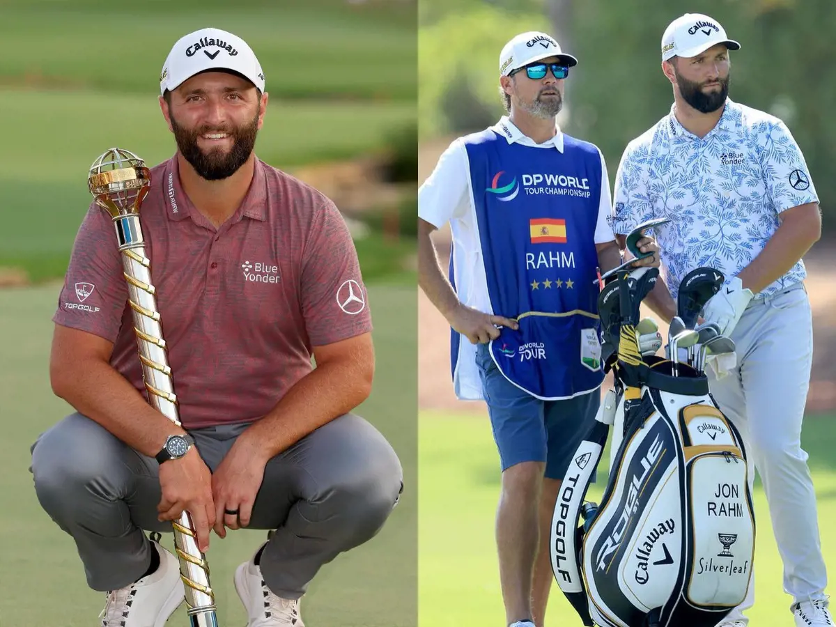 Jon Rahm wearing Callaway cap and with the brand's golf bag as he claimed the DP World Tour in Dubai, November 2022