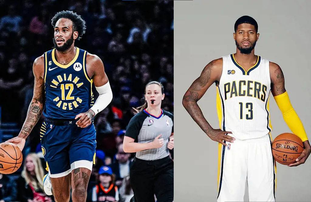 (Right) Paul George poses for a portrait during 2016 Media Day at Bankers Life Fieldhouse on September 26, 2016