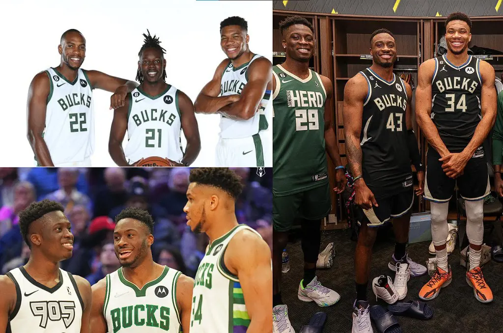 Khris Middleton, Jrue Holiday and Giannis Anteokounmpo during NBA Media Day at Fiserv Forum on September 25, 2022.