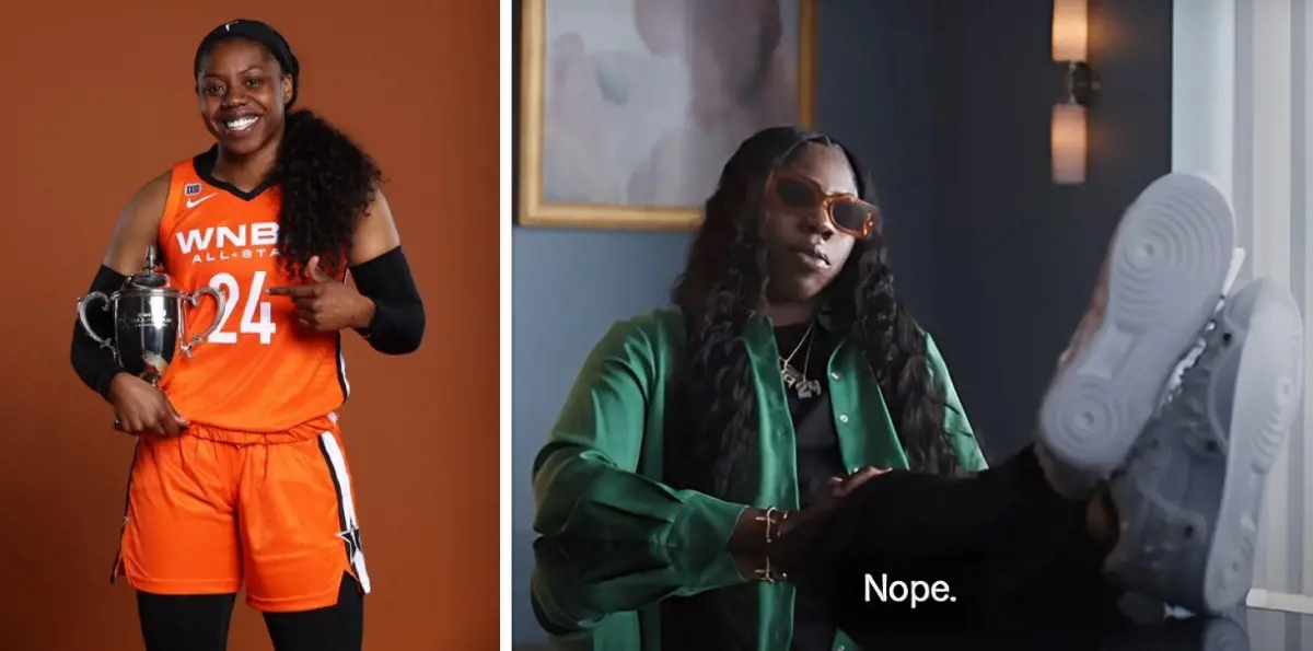 Arike (right photo) during her scene from the State Farm commercial in 2023.