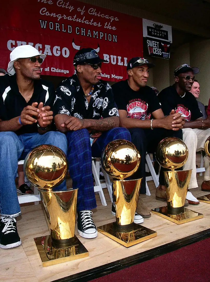 The 1998 Chicago Bulls team after winning the sixth title in eight years