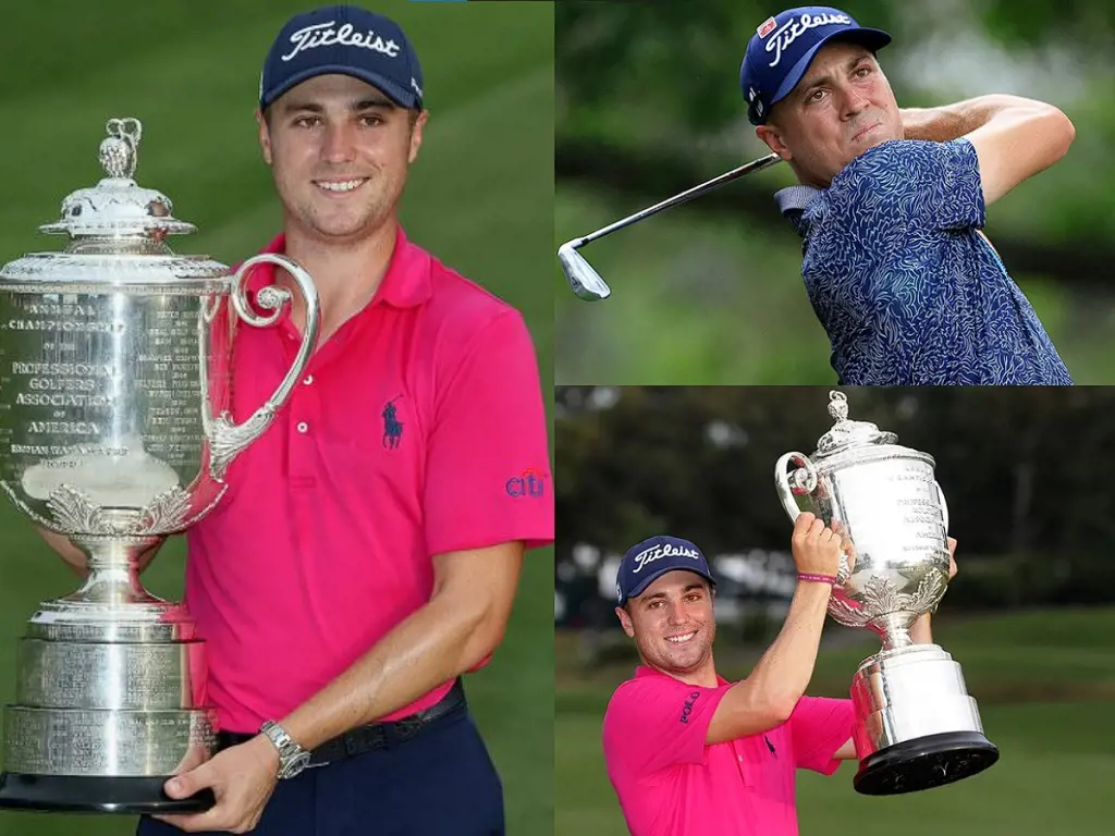 Thomas holding 2017 PGA Championship trophy at Bellerive Country Club