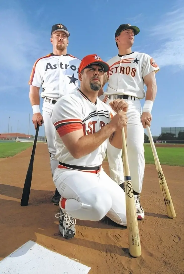 Jeff Bagwell, Craig Biggio and Ken Caminiti modeling three of the most famous Astros jerseys