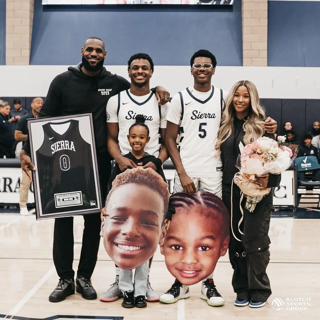 Savannah with Lebron, Bronny (mid-left), Bryce and Zhuri at Bronny's senior night debut in January 2023