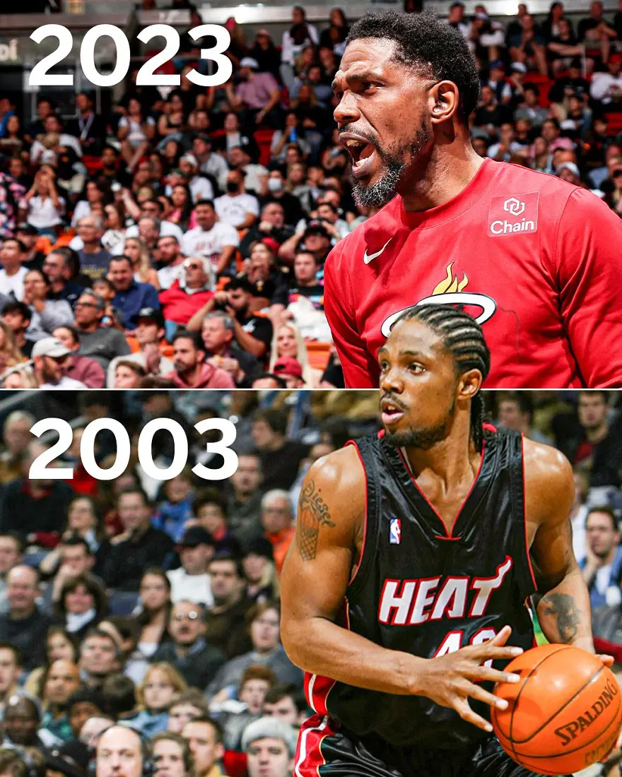 Picture of Udonis Haslem on his debut in 2003 and in his final NBA game in 2023