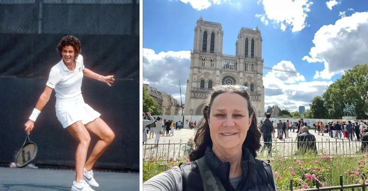 Shriver (left) at the 1983 US Open. She visited the Notre Dame Cathedral in 2022. (right)