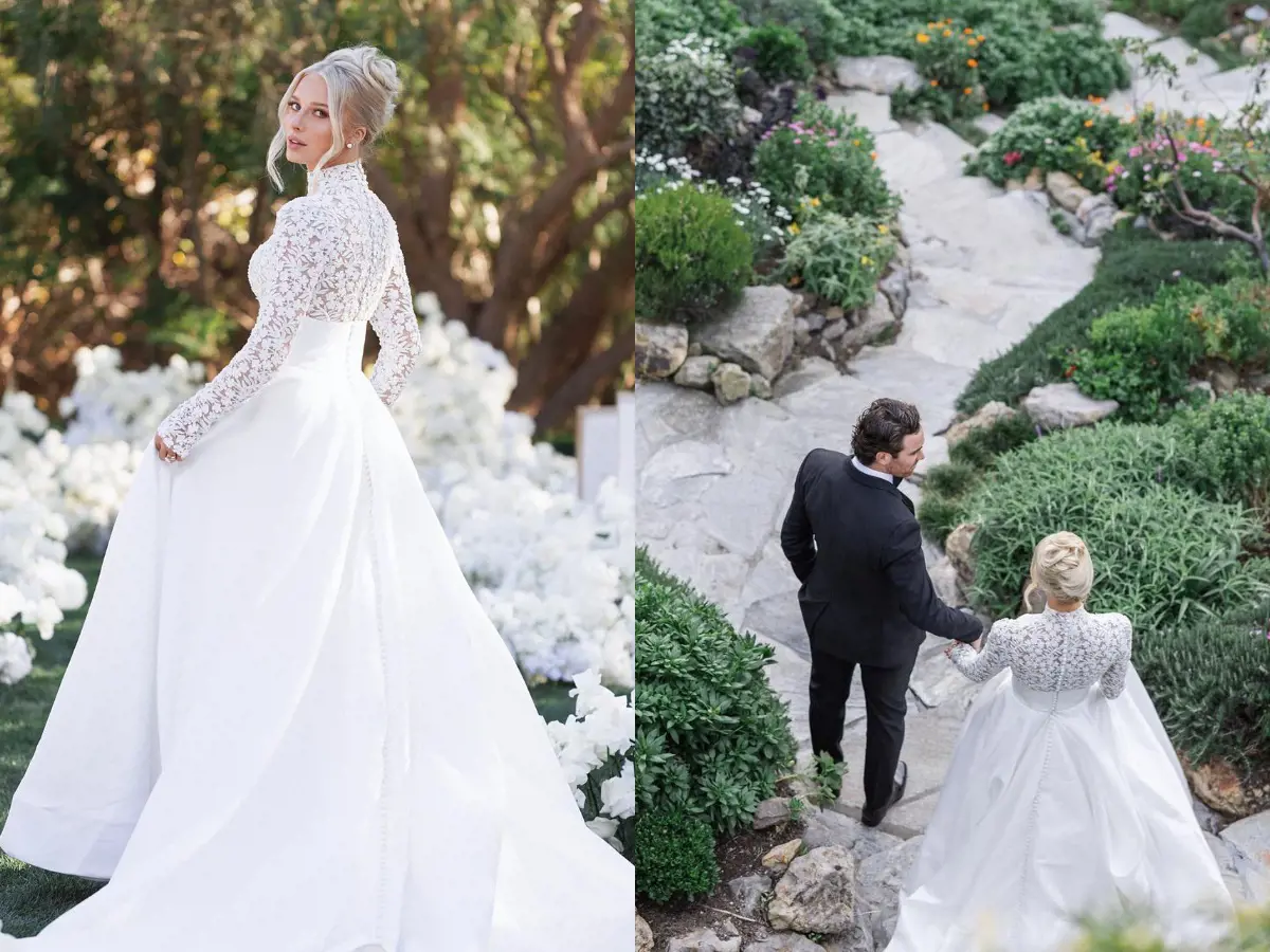 Shane and Kara walking down the aisle on the coast of Malibu, California in the right picture 