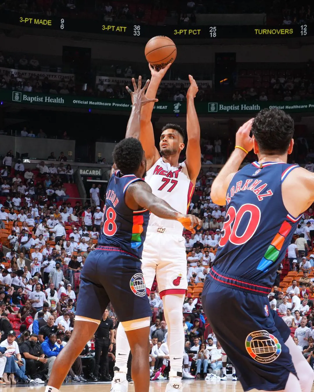 Omer Yurtseven scoring three pointer at Kaseya Center in May 2022