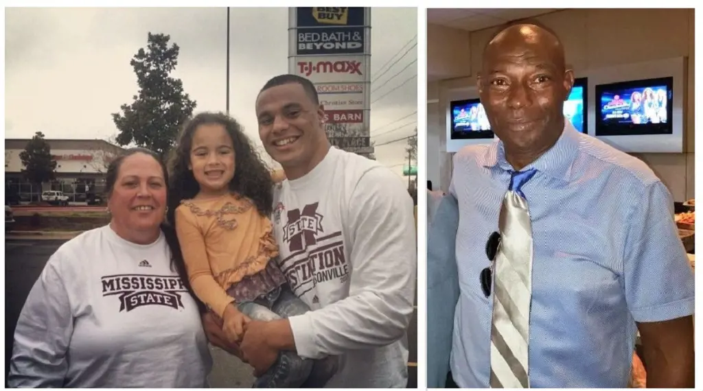 Prescott with his mom Peggy and niece Kennedy on the left and a picture of his dad Nat on the right.