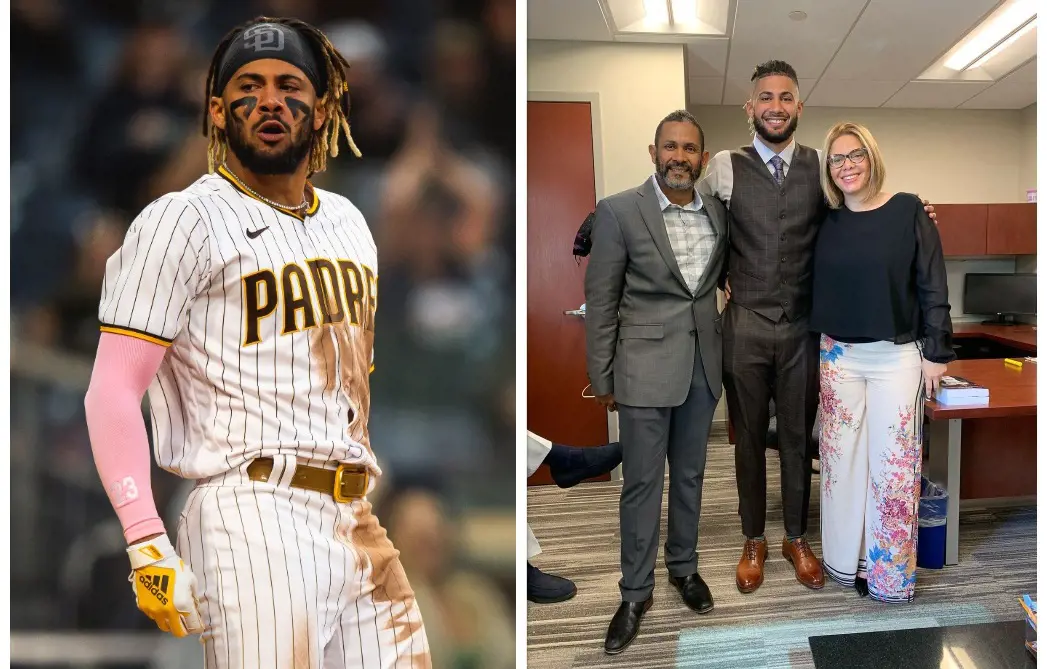 Tatis Jr with his mom and dad [right] during his signing ceremony with the Padres in February 2021.