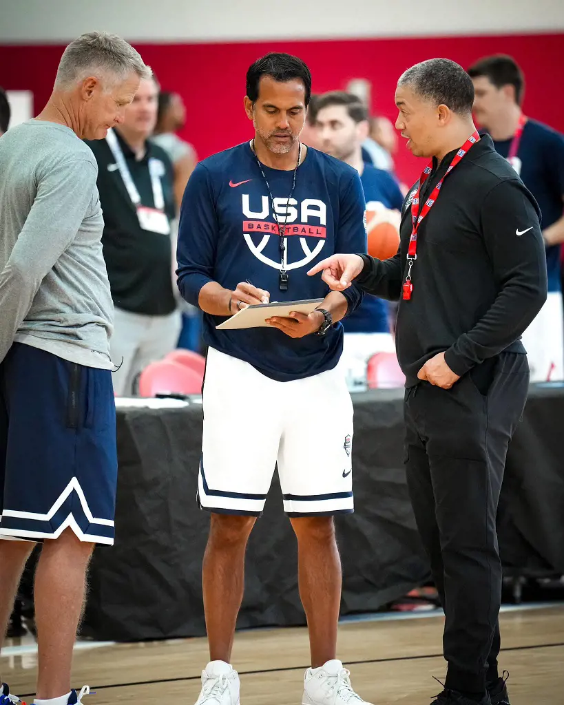 Erik Spoelstra discussing his tactics with Kerr and Tyronn Lue in August 2023