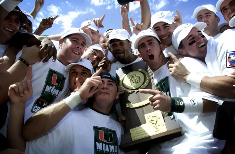 Miami Hurricanes celebrating the 2001 CWS championship.