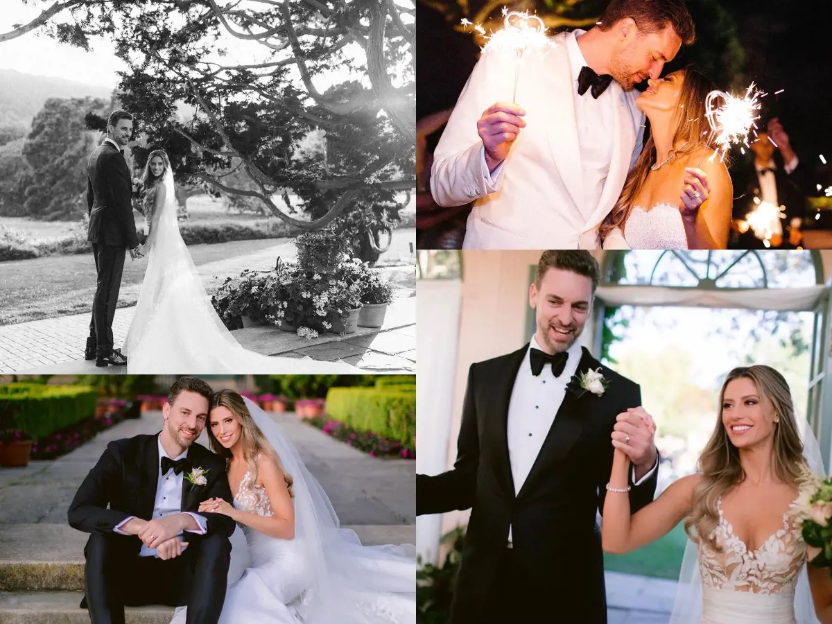 Picture collage of Gasol and McDonnell from their wedding day