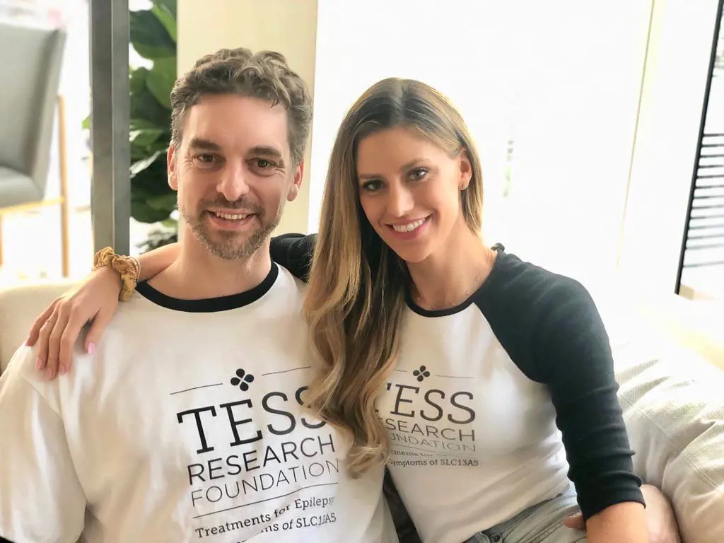 Pau and Catherine donning TESS Foundation t-shirt in May 2020