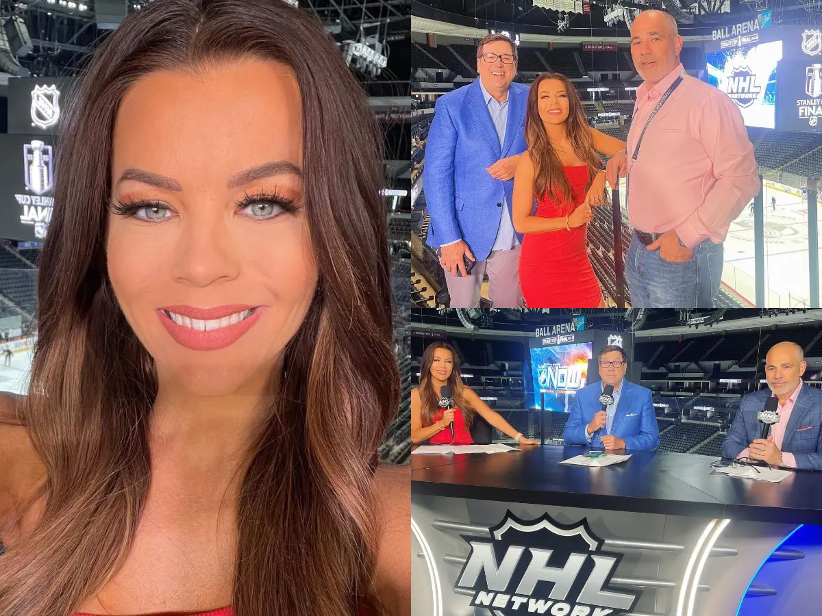 TNT ice-level reporter Jackie Redmond with E.J. Hradek and Billy Jaffe at Ball Arena in June 2022