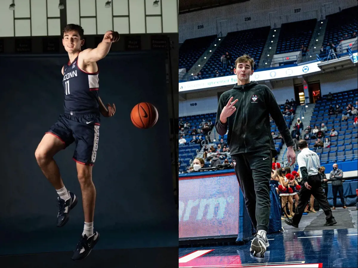 (Right) Karaban sporting UConn Huskies' Nike sponsored apparel in February 2022