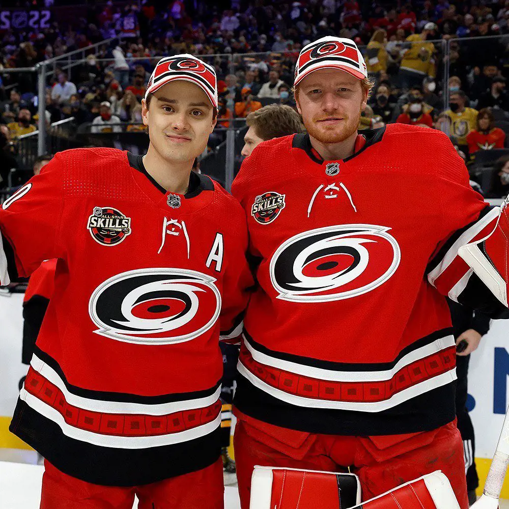 Frederik(left) with hockey player Sebastian Aho during his All-Star game. 