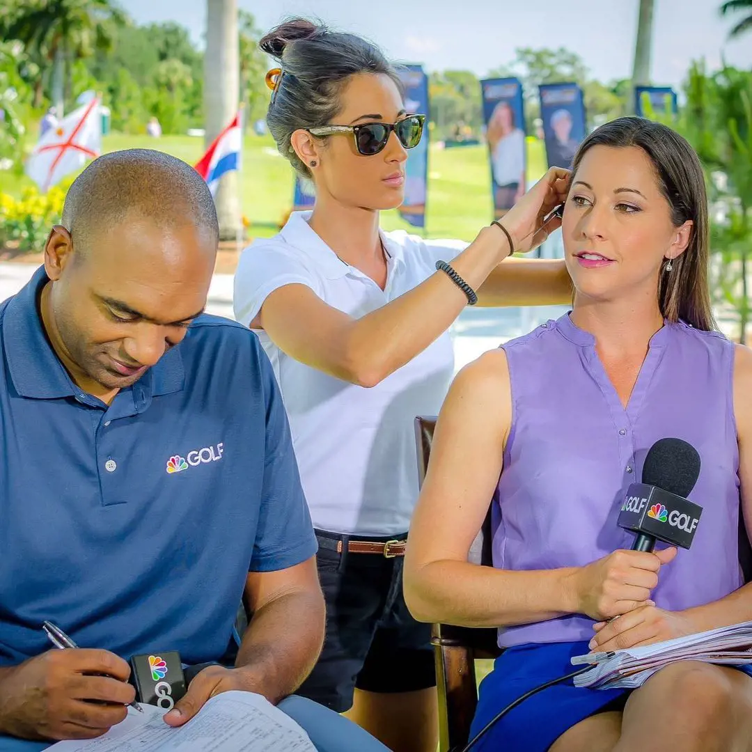 Paige (R) on the set of LGPA Tour getting a final touch for the big game by a make-up artist Alaina DeBernardis