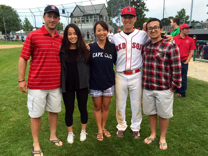 John, Elise, Tommy, Maureen, and Johnny (in order from left) at a Yarmouth–Dennis Red Sox's game in 2015.