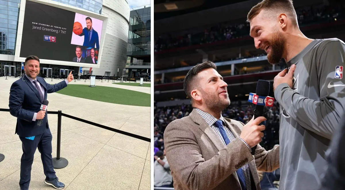 Jared interviewing Domantas Sabonis (right photo) in November 2022.