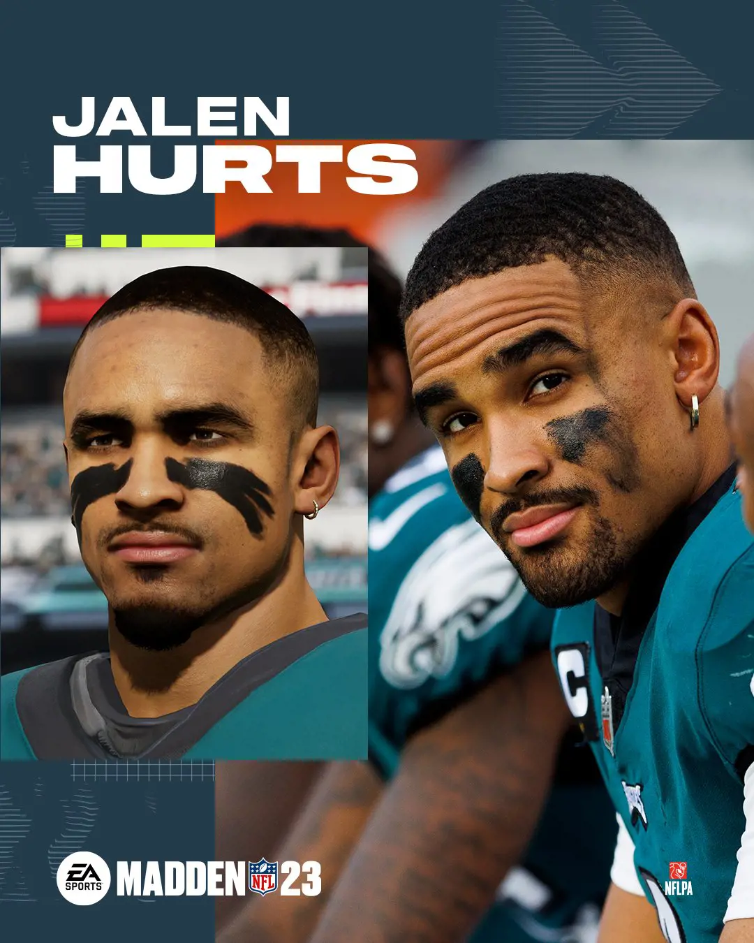 Philadelphia Eagles Q-back Jalen Hurts in Madden NFL.