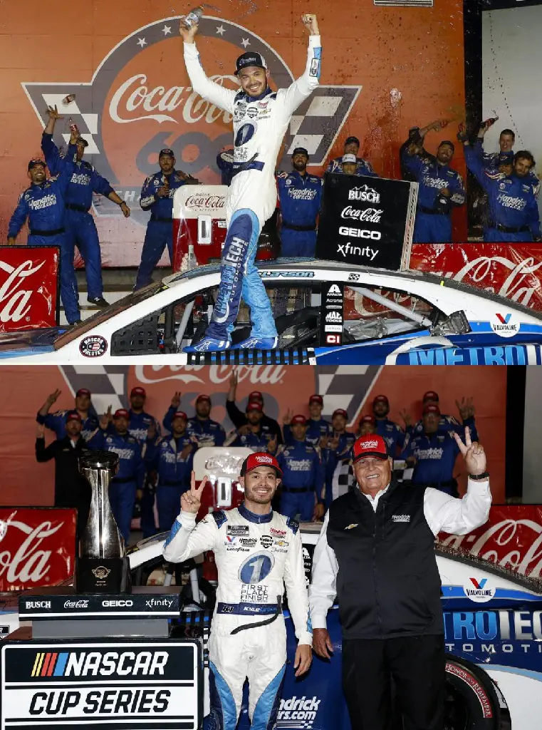 Larson celebrates in victory lane in Concord, North Carolina.