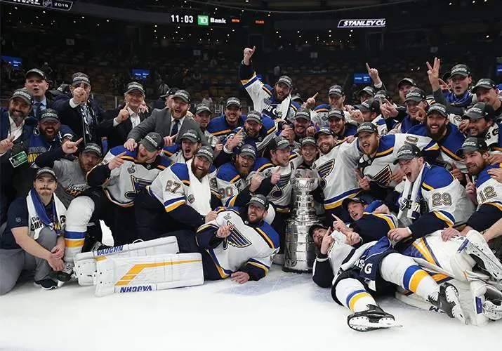 St Louis Blues with their first Stanley Cup trophy at TD Garden in Boston