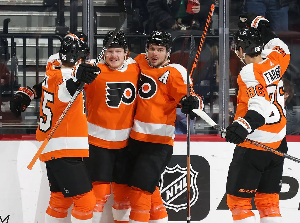 The Philadelphia Flyers celebrating their victory on April 18, 2023