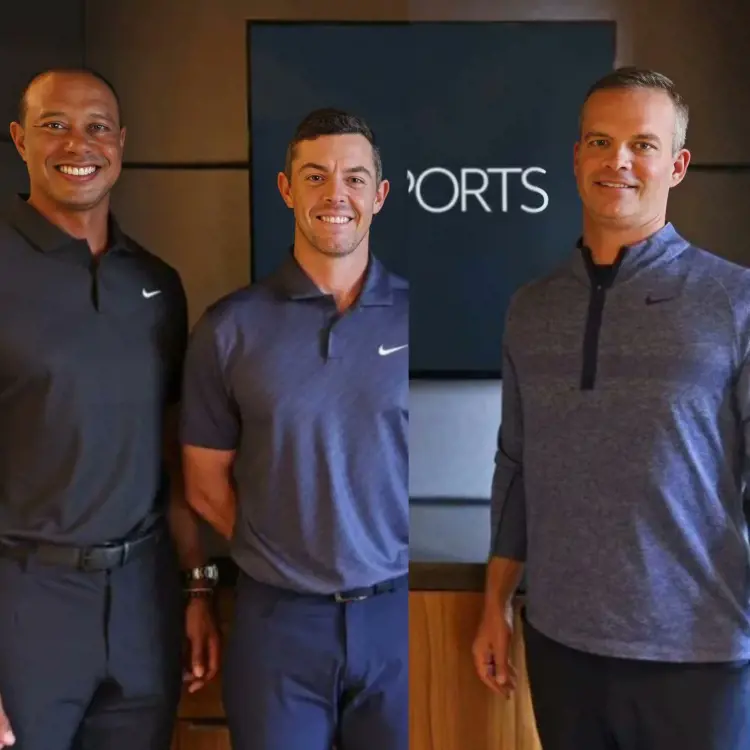 Tiger Woods, Rory Mcilroy and Mike MaCarley during the league launch.