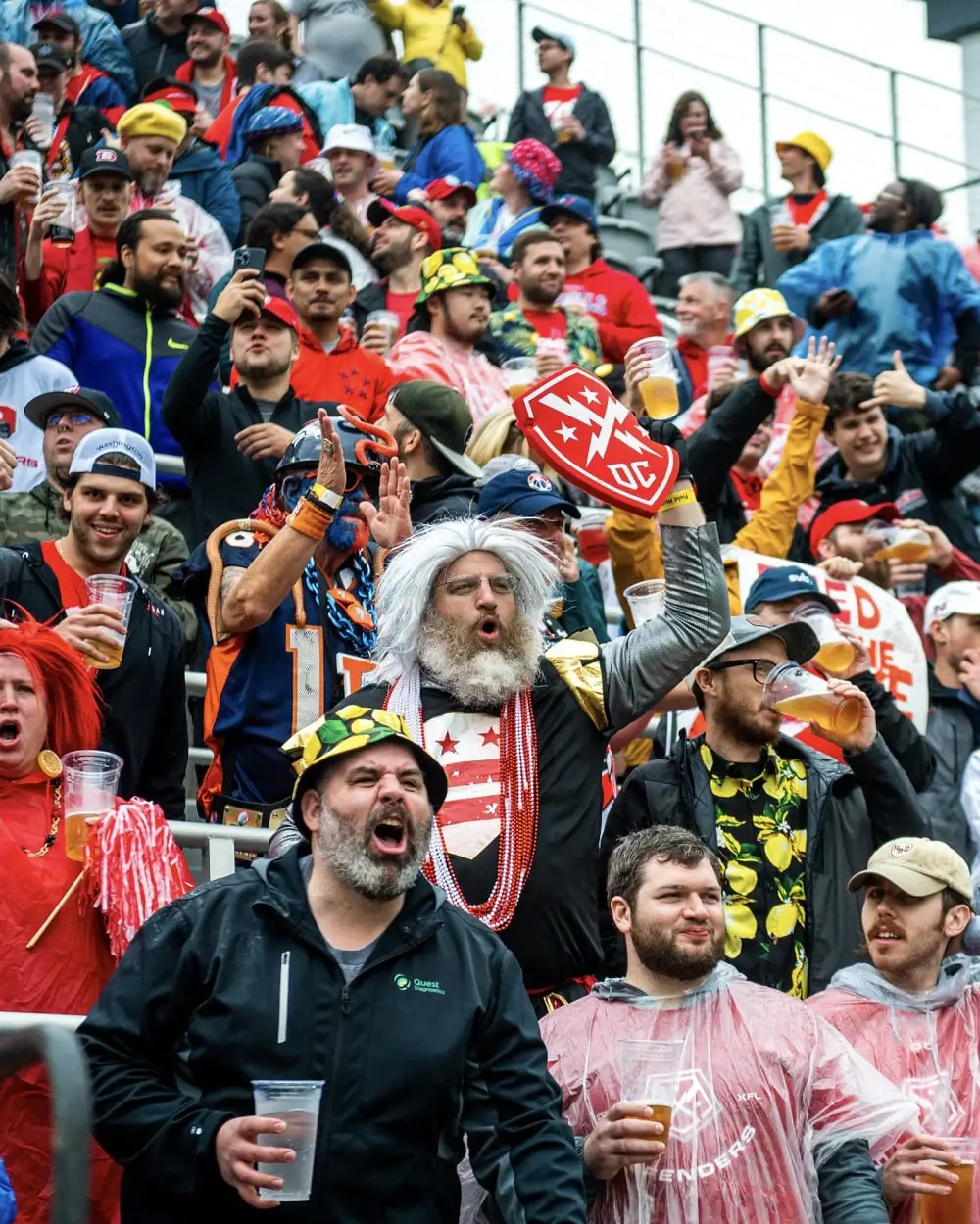 Fans cheering for theFans cheering for the DC Defenders on April 30, 2023.DC Defenders at the Audi Field which can accommodate 20,000 spectators