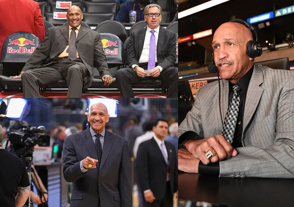 (Left Top) Stu Lantz and Bill Macdonald before an NBA game between the Los Angeles Lakers and the Los Angeles Clippers on November 27, 2017 at STAPLES Center in Los Angeles