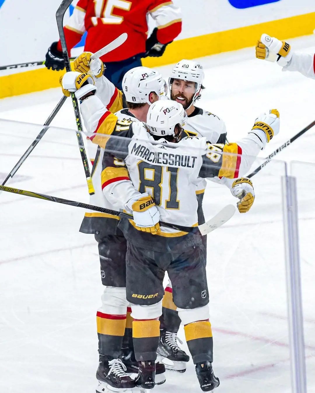 Florida Panthers players celebrate 3-2 win over the Golden Knights in Game 3 of the 2023 Stanley Cup Finals