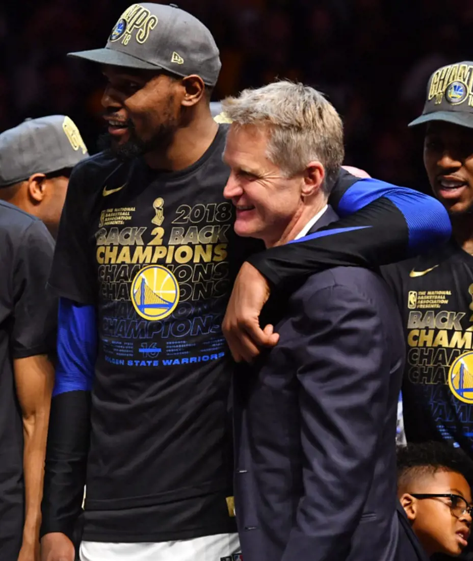 Kerr and Kevin Durant after the 2018 NBA title victory