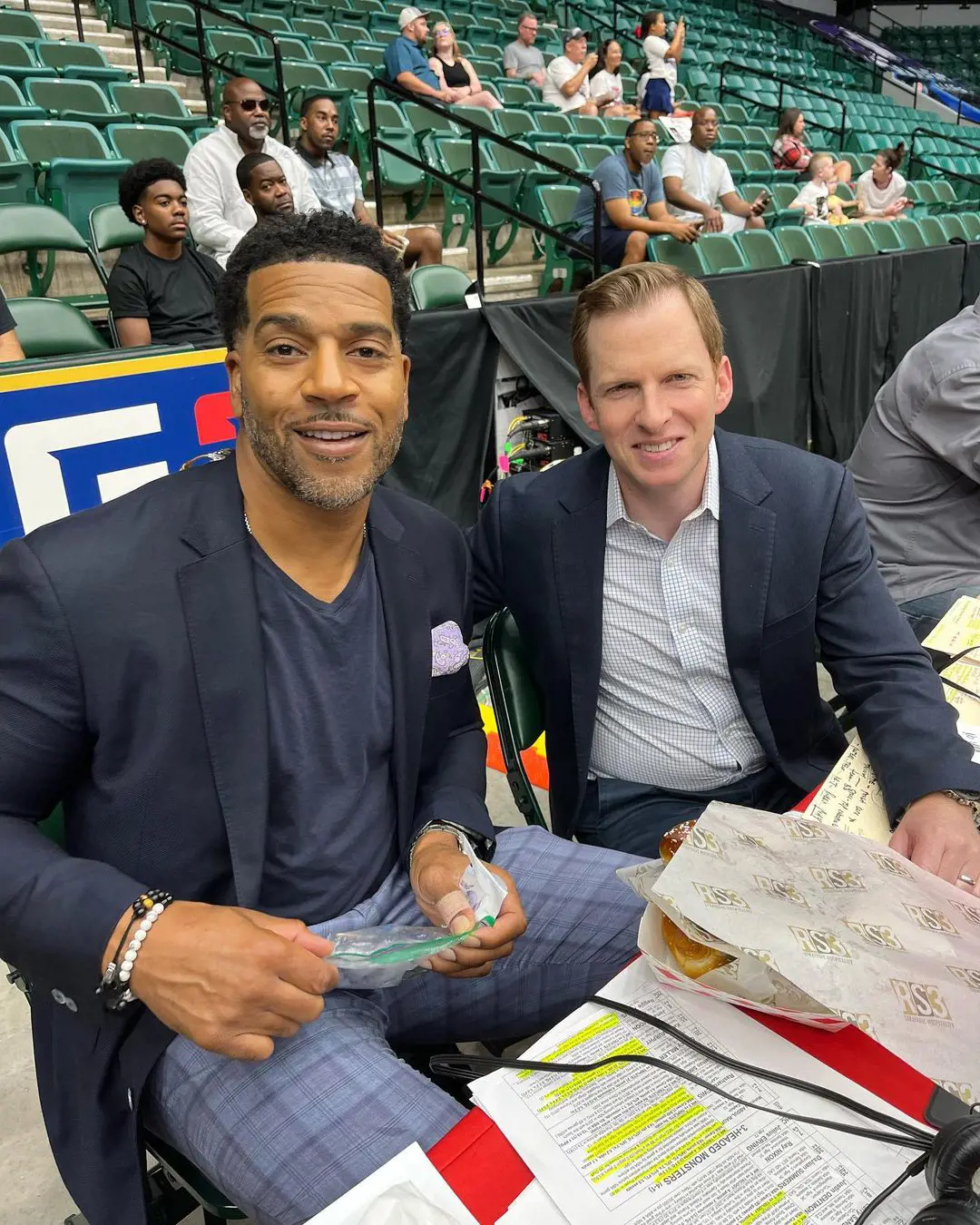 J. Jackson (L) calling a basketball game at Comerica Center, July 2022